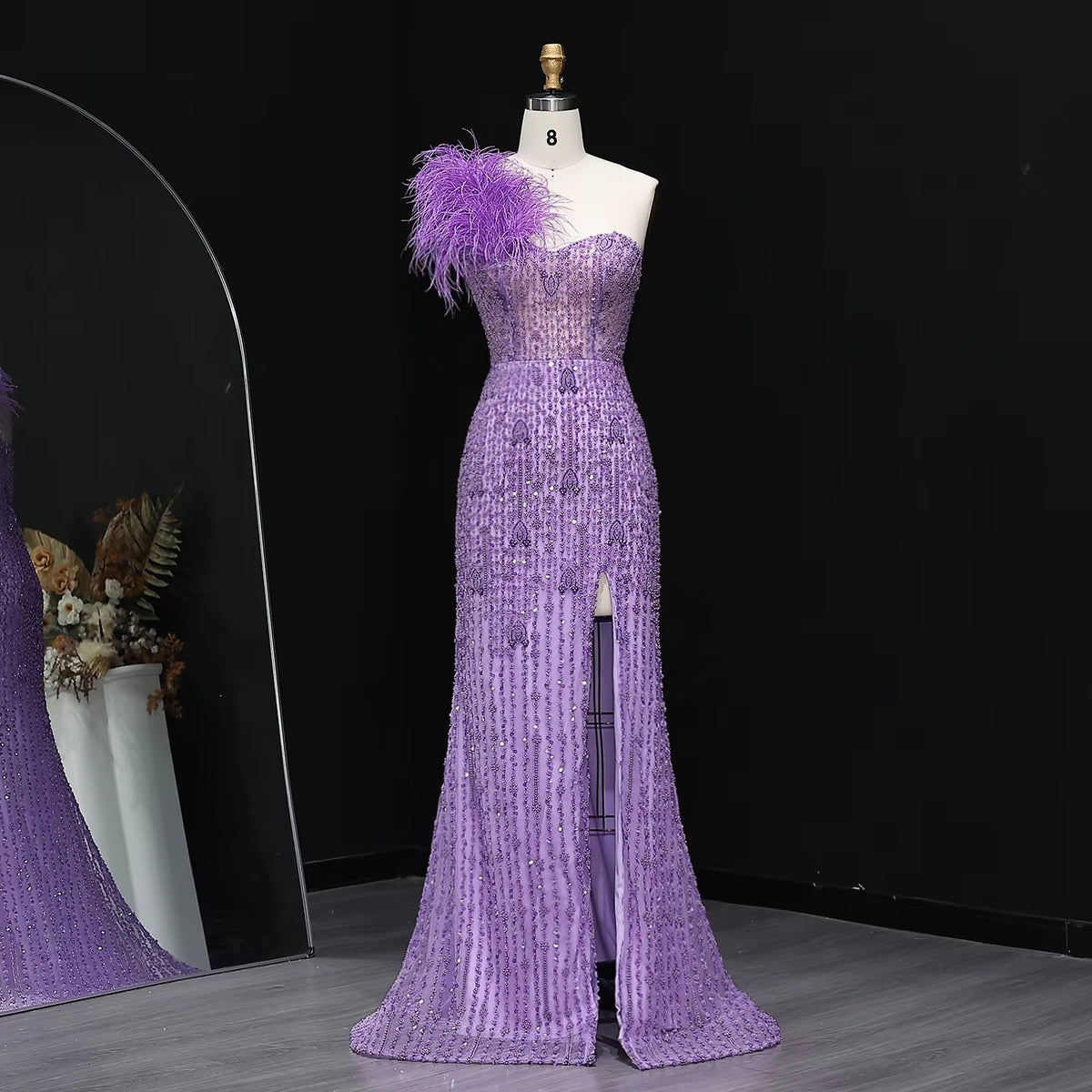 Glamorous Lilac Feathered Evening Dress with Sparkling Crystals SS114