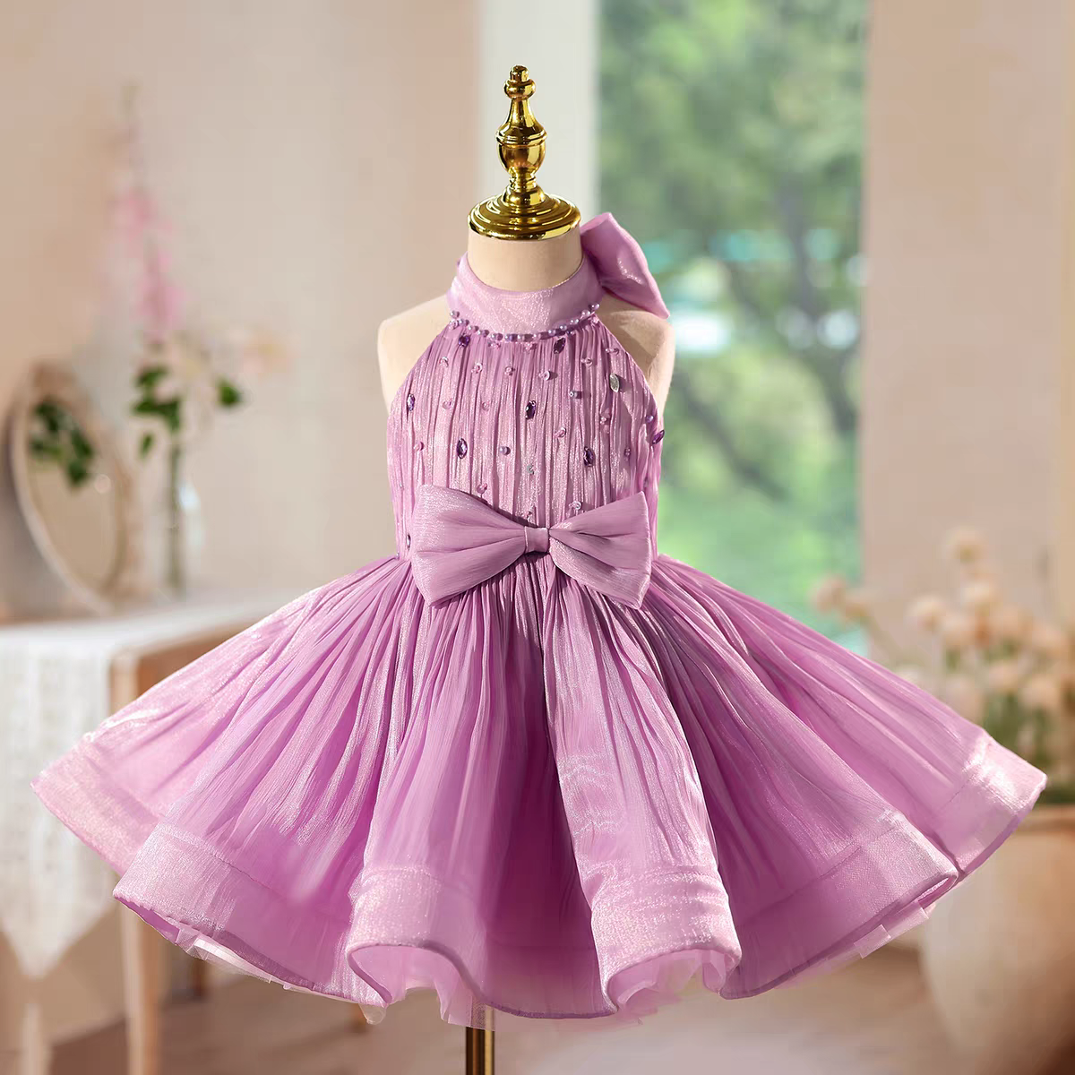 Lilac Halter Flower Girl Dress with Sequins and Large Bow Birthday Wedding D142