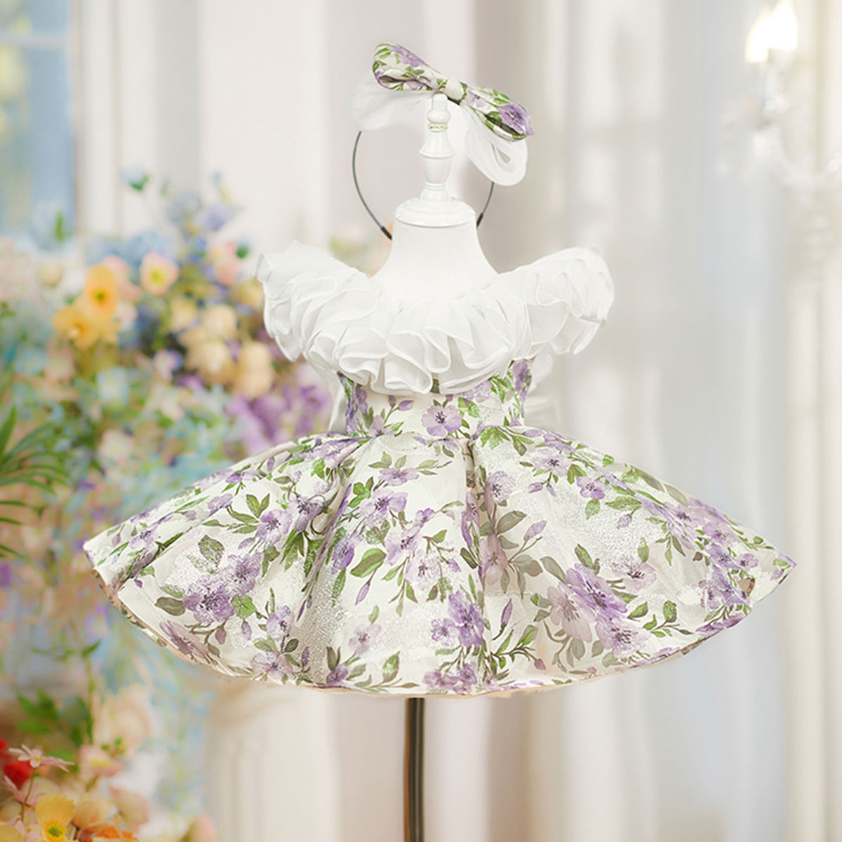 Lilac Girl Dress with Bow Baby Kids Princess Birthday Gown D227