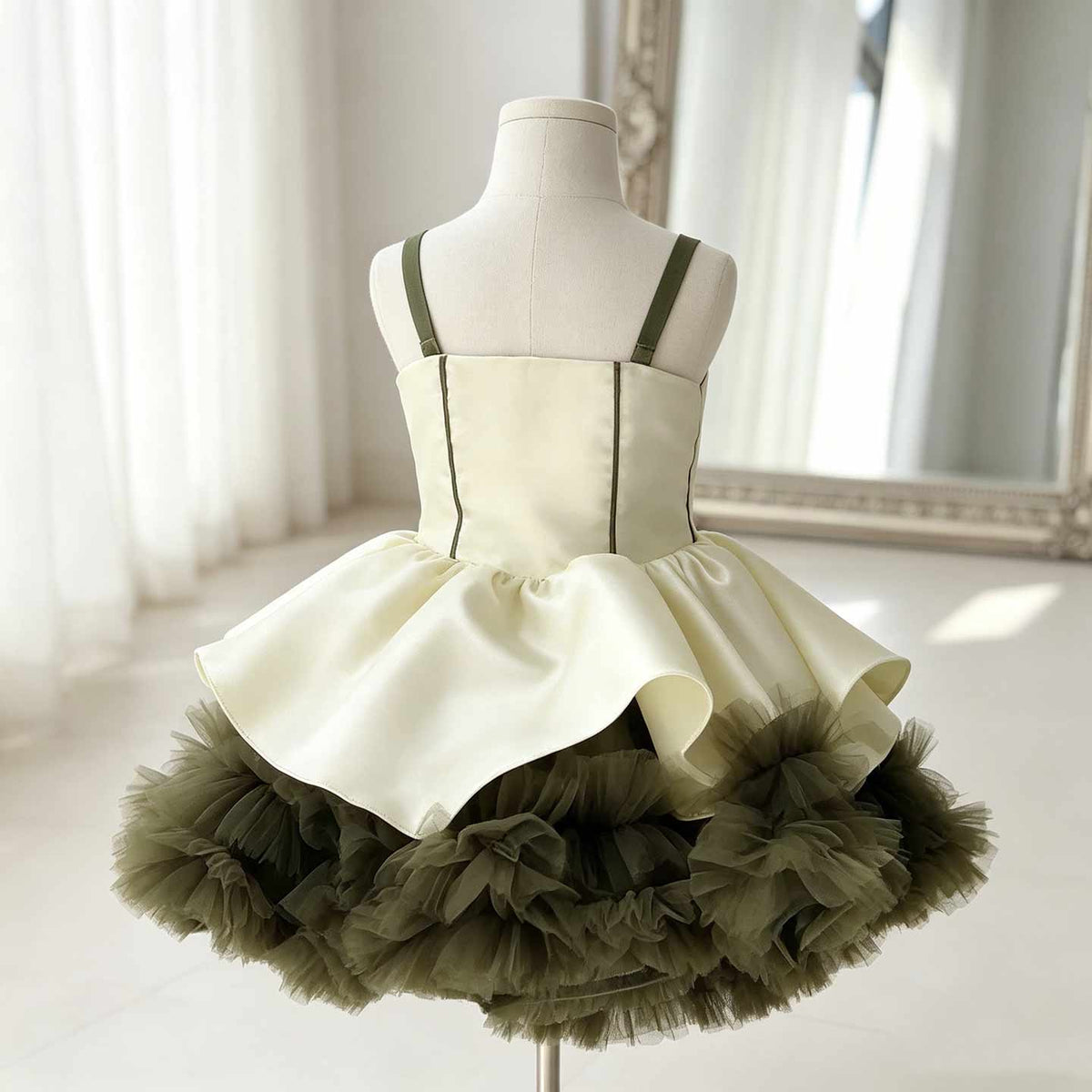 Olive green ruffle tulle flower girl dress M055 — view