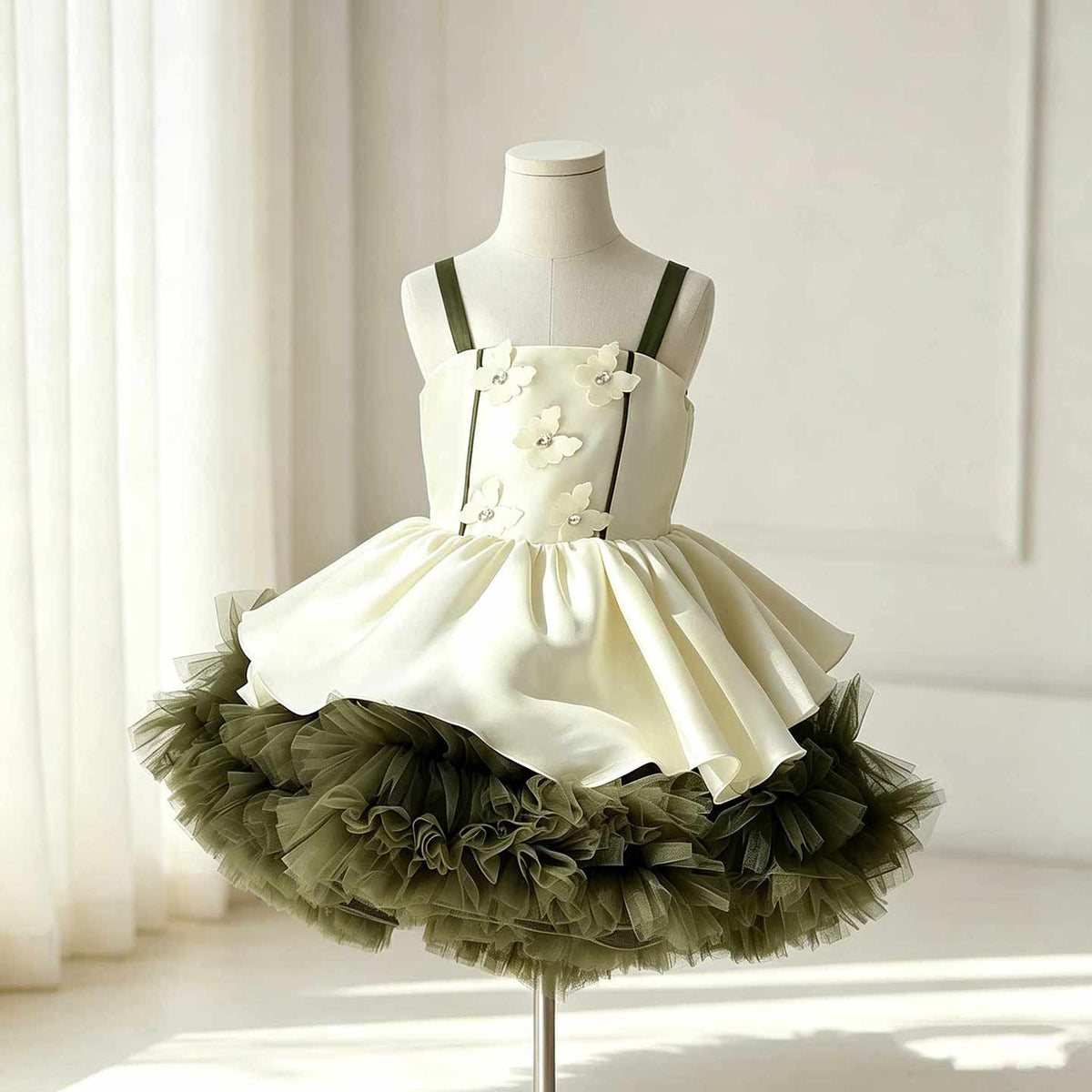 Olive green ruffle tulle flower girl dress M055 — view