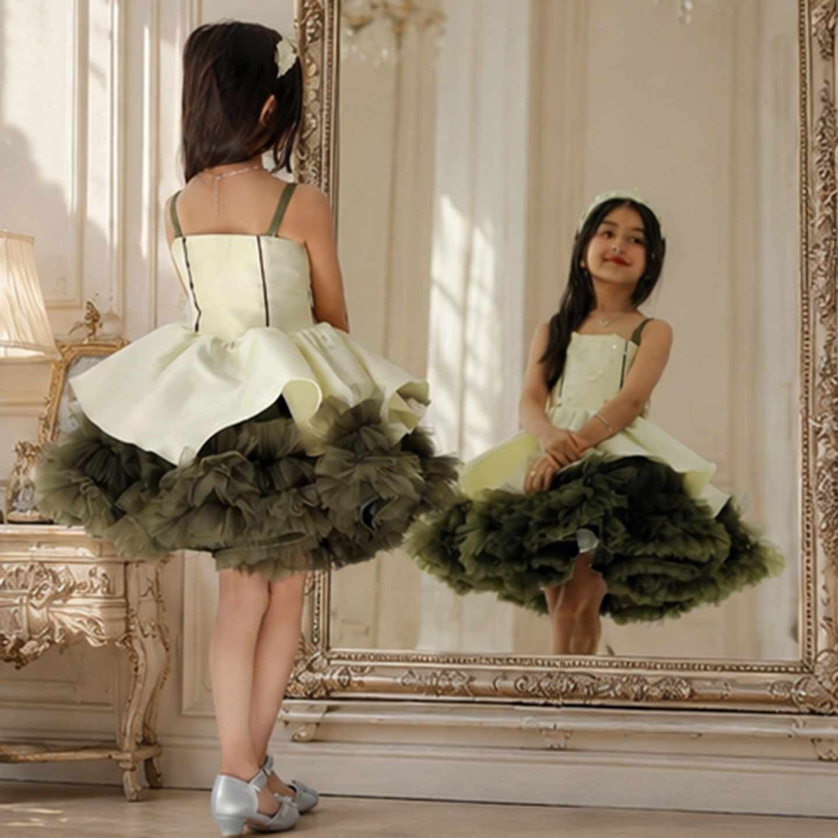 Olive green ruffle tulle flower girl dress M055 — view