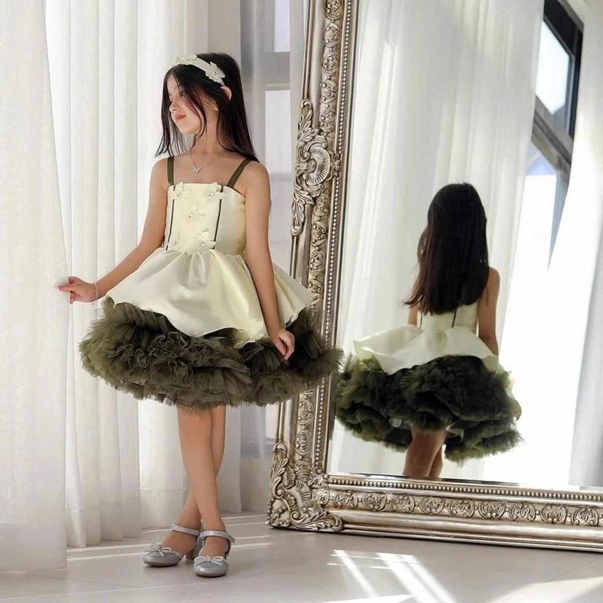 Olive green ruffle tulle flower girl dress M055 — view