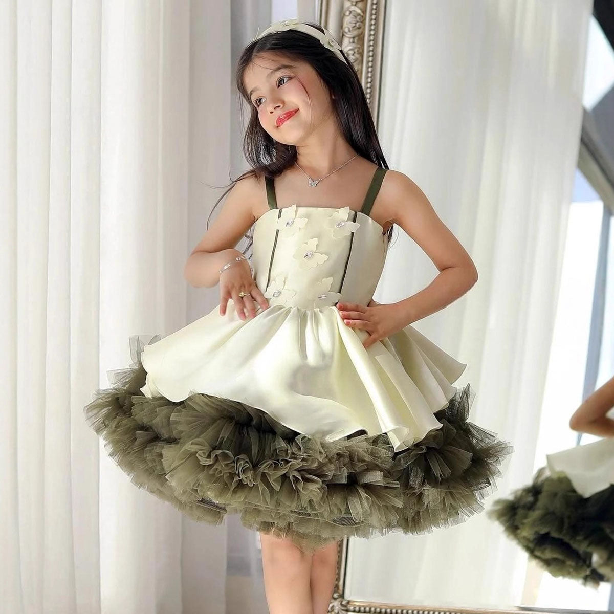 Olive green ruffle tulle flower girl dress M055 — main view