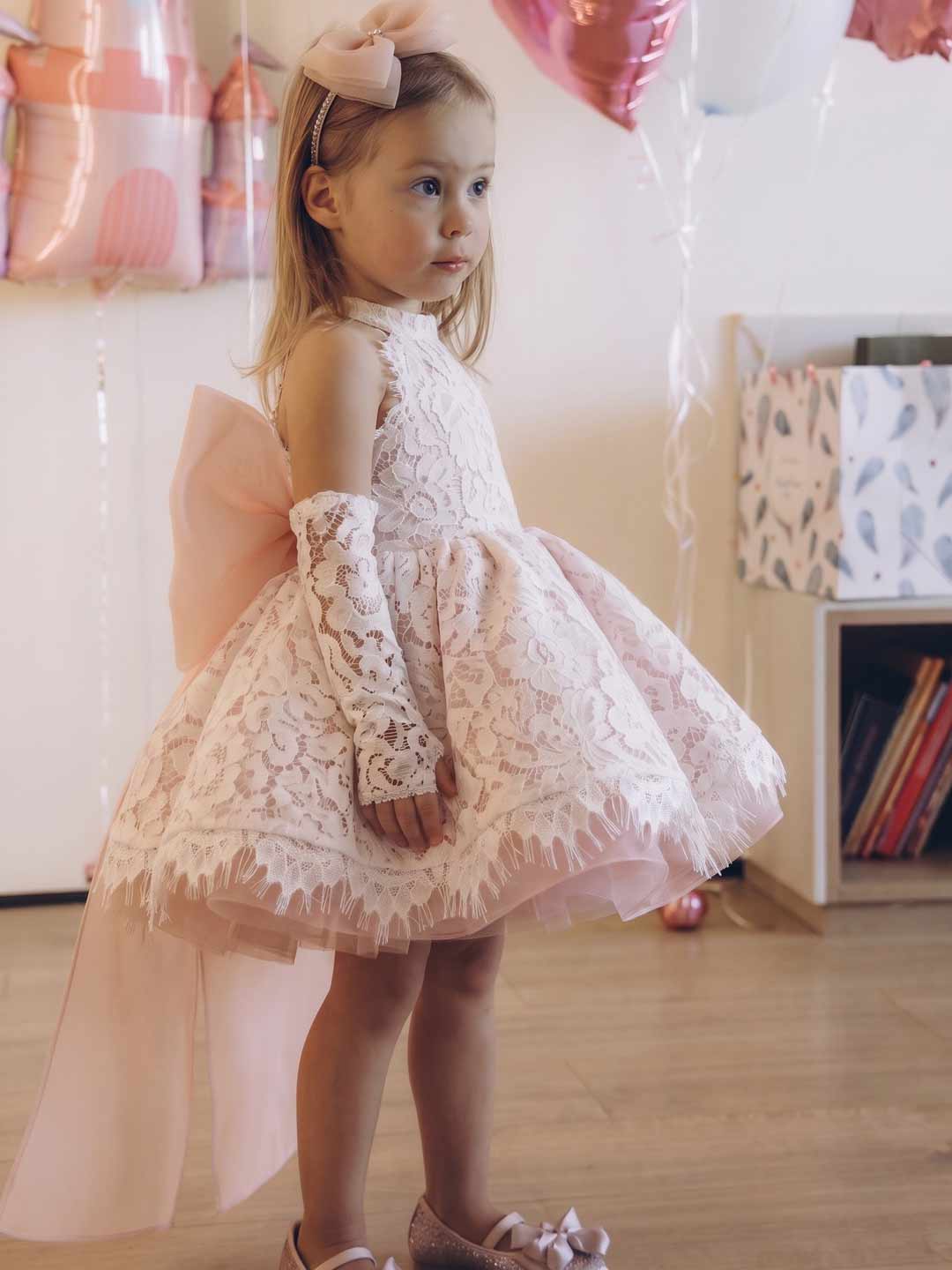 M087 light pink lace flower girl dress with bow