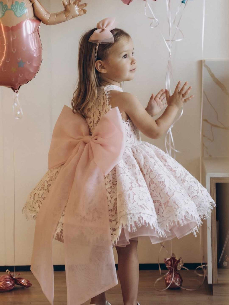 M087 light pink lace flower girl dress with bow