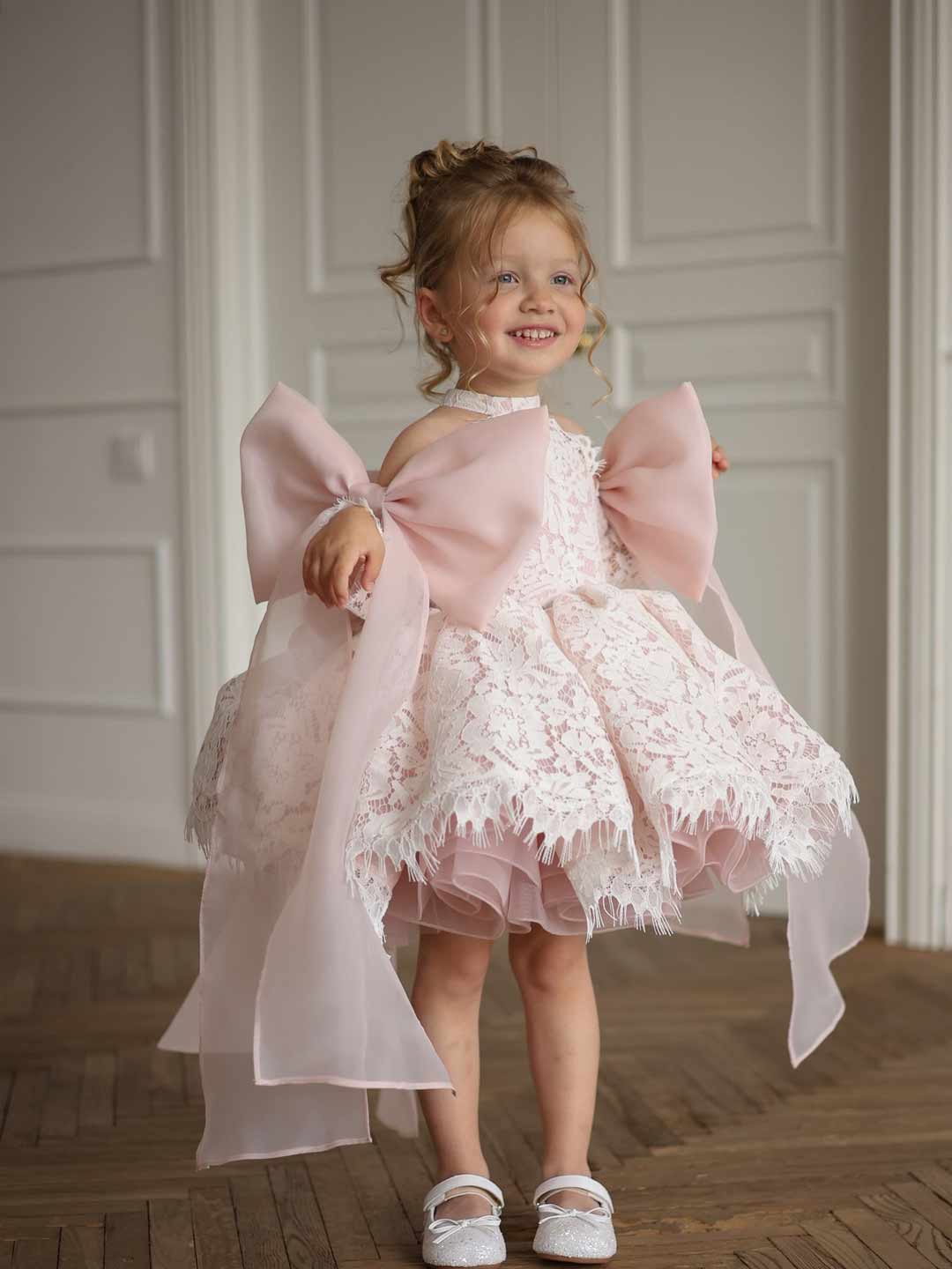 M087 light pink lace flower girl dress with bow