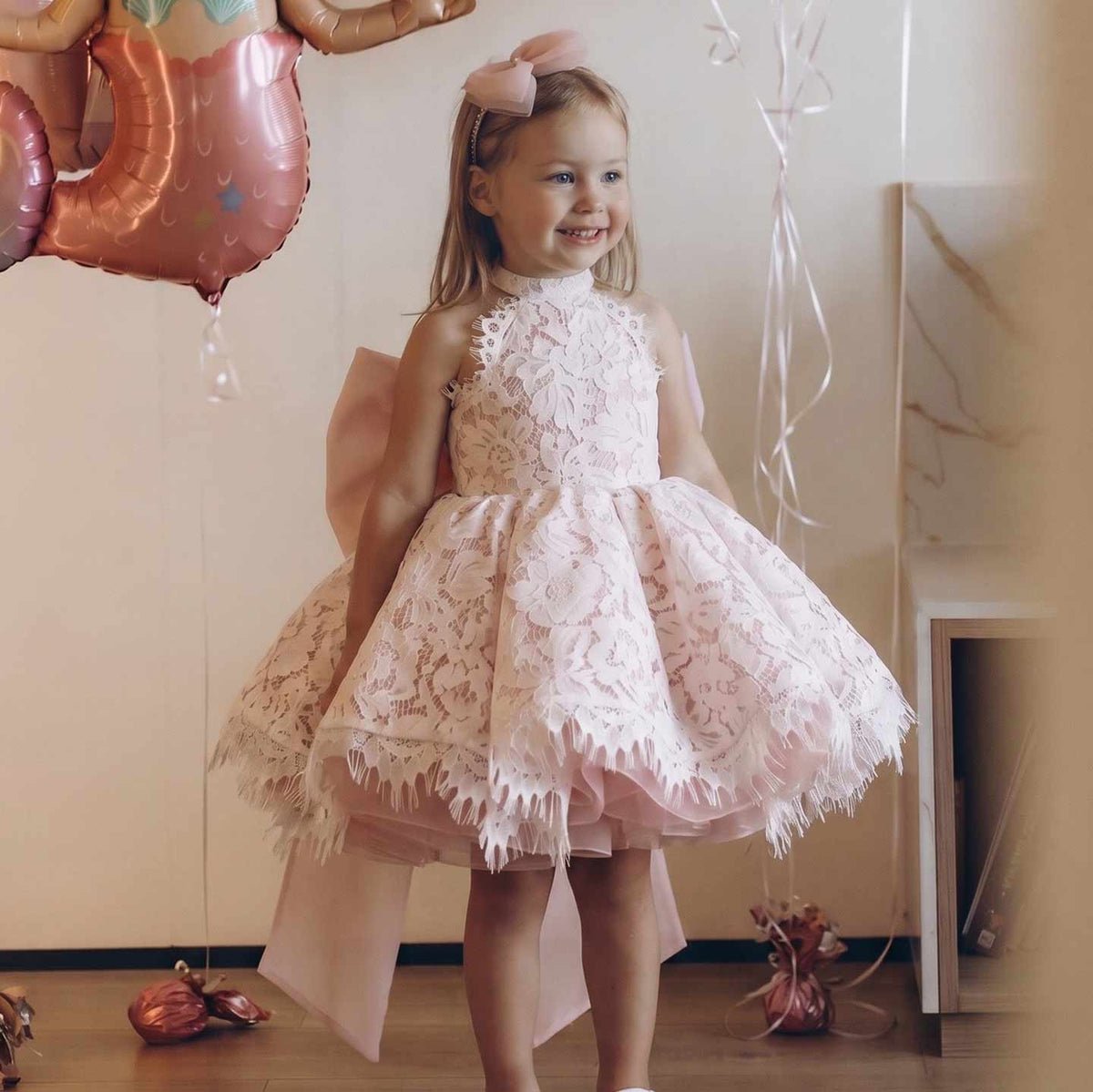 M087 light pink lace flower girl dress with bow