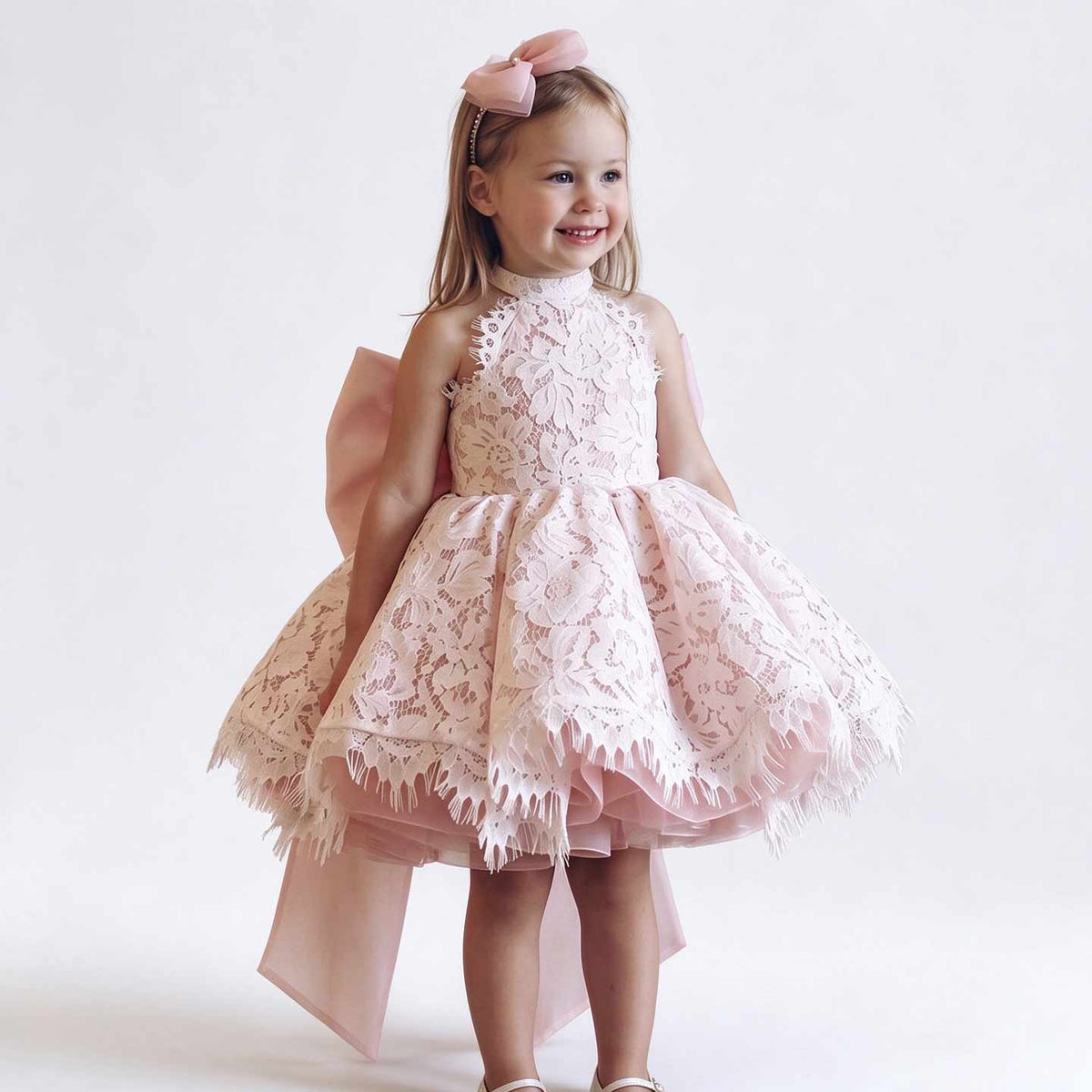 M087 light pink lace flower girl dress with bow