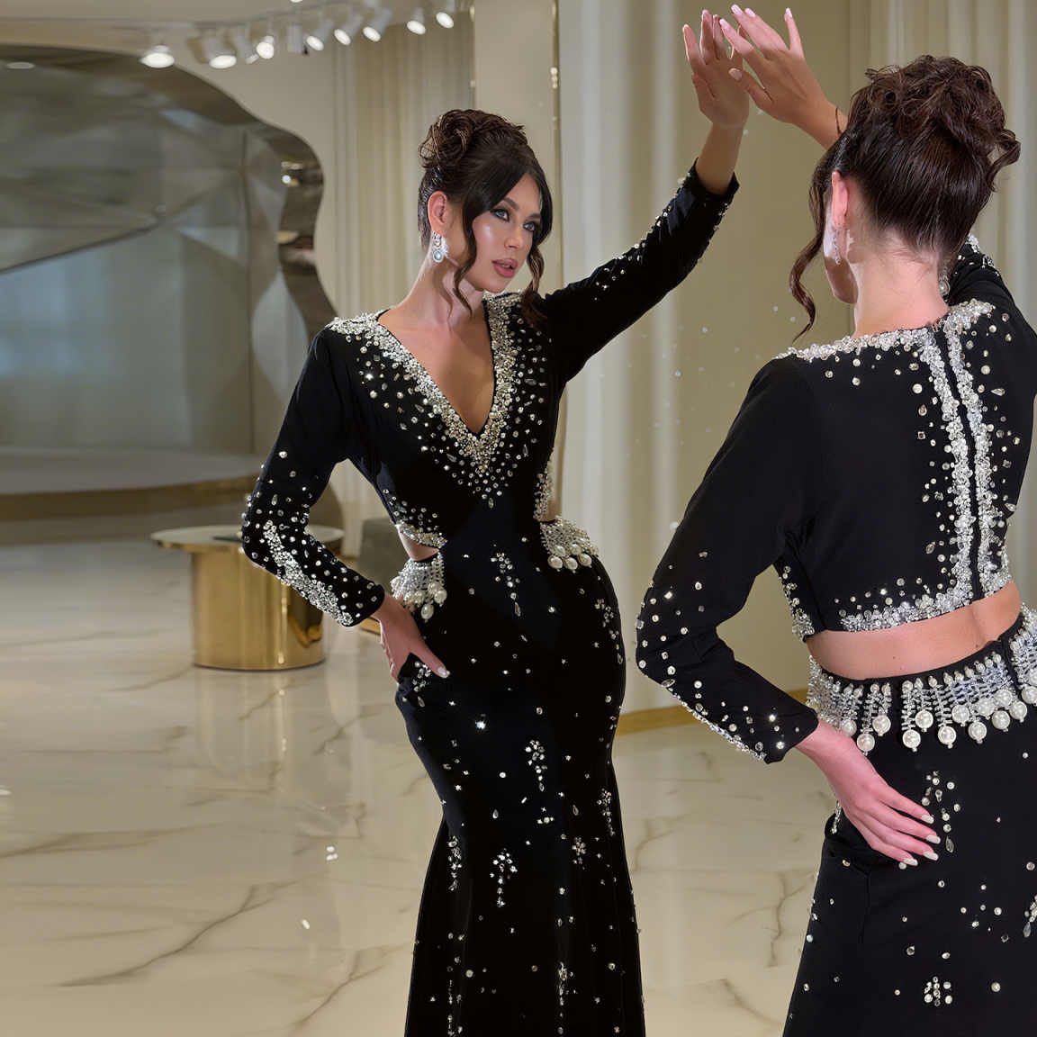 Glamorous Black Beaded Prom Dress with Pearls XD019