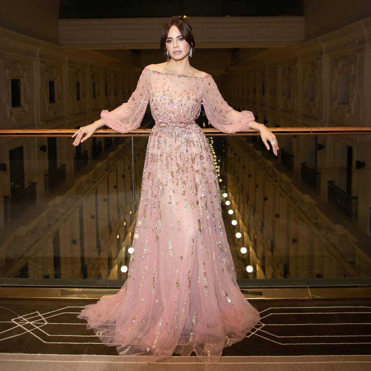 Elegant Pink Beaded Sequin Evening Dress with Statement Bow SS230