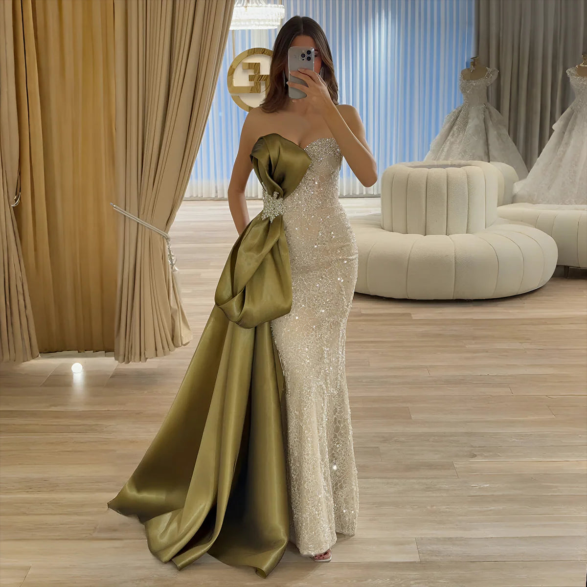 Glamorous Crystal Embellished Evening Dress with Flowing Overskirt SS617