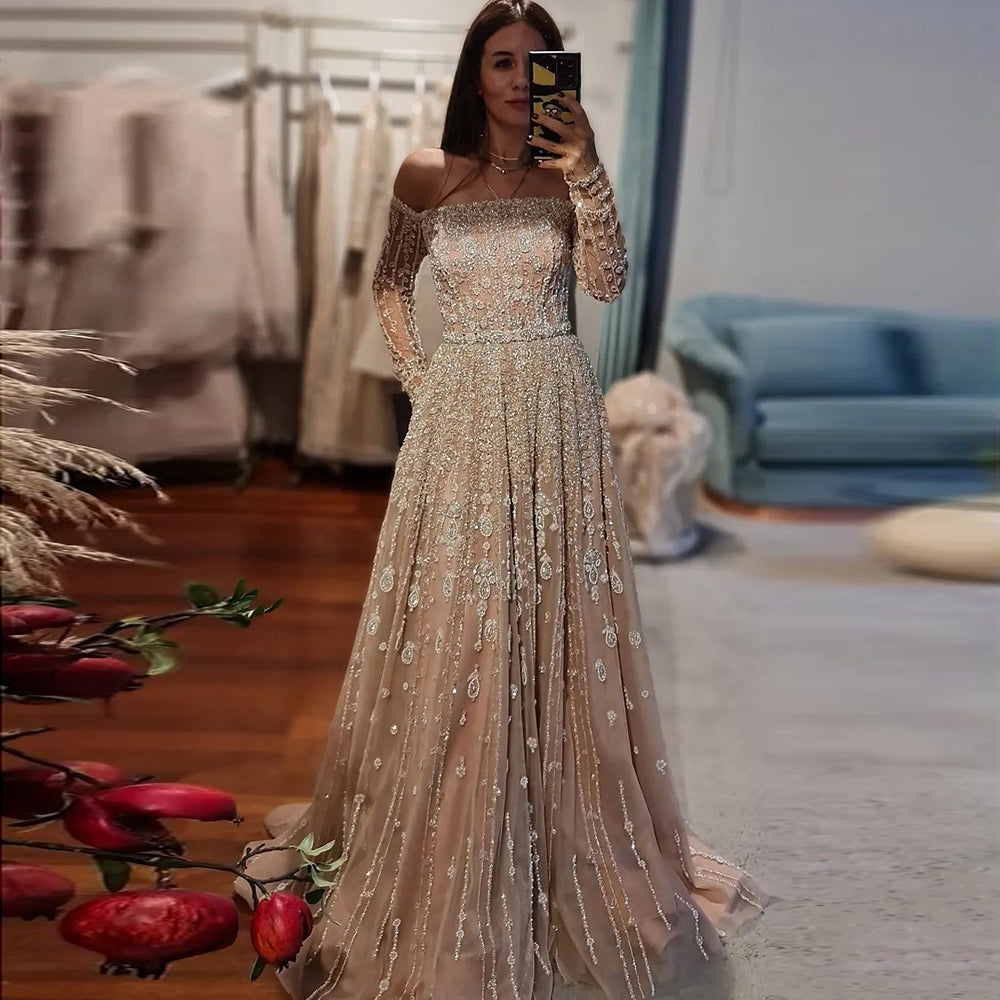 Luxury Dubai Nude Evening Dress Elegant Off Shoulder Long Sleeves SS489