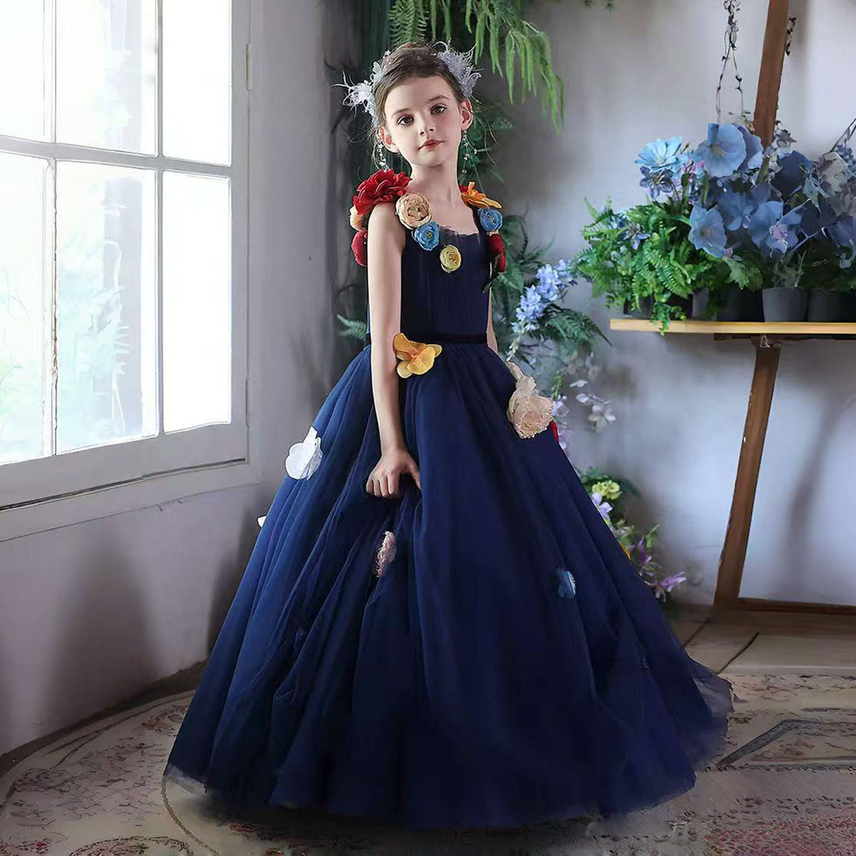 Navy Blue Flower Girl Dress with Handcrafted Blooms Birthday Party J013