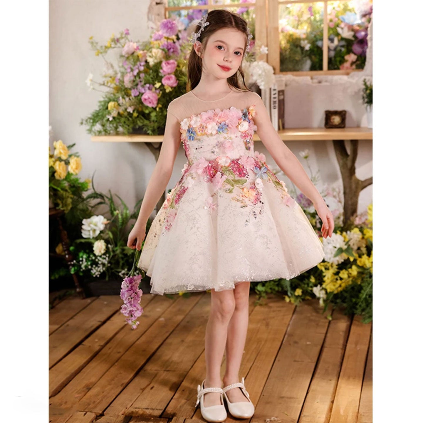Luxury Floral Flower Girl Dress for Kids Pageant Party J404A