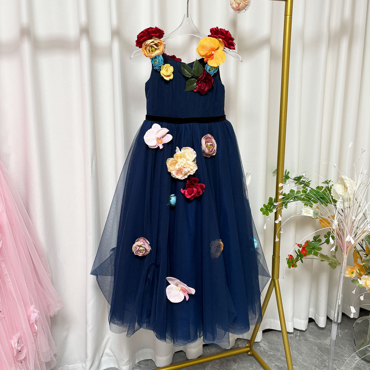 Navy Blue Flower Girl Dress with Handcrafted Blooms Birthday Party J013