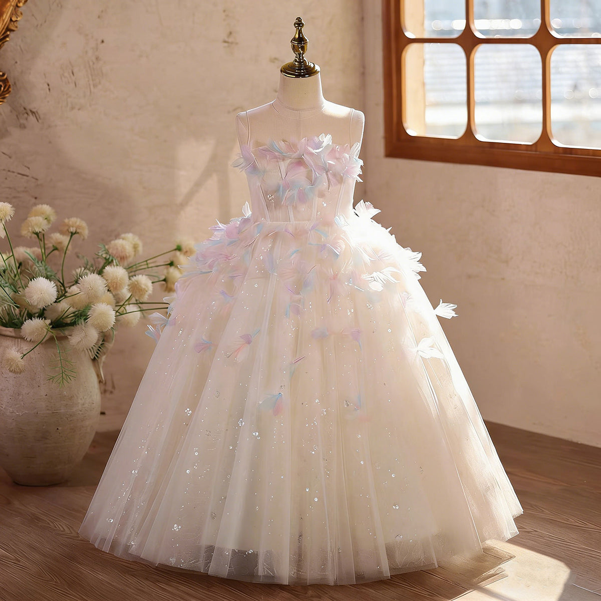 Off White Flower Girl Dress for Girls Tulle Party Dress with Floral Details for Wedding D332