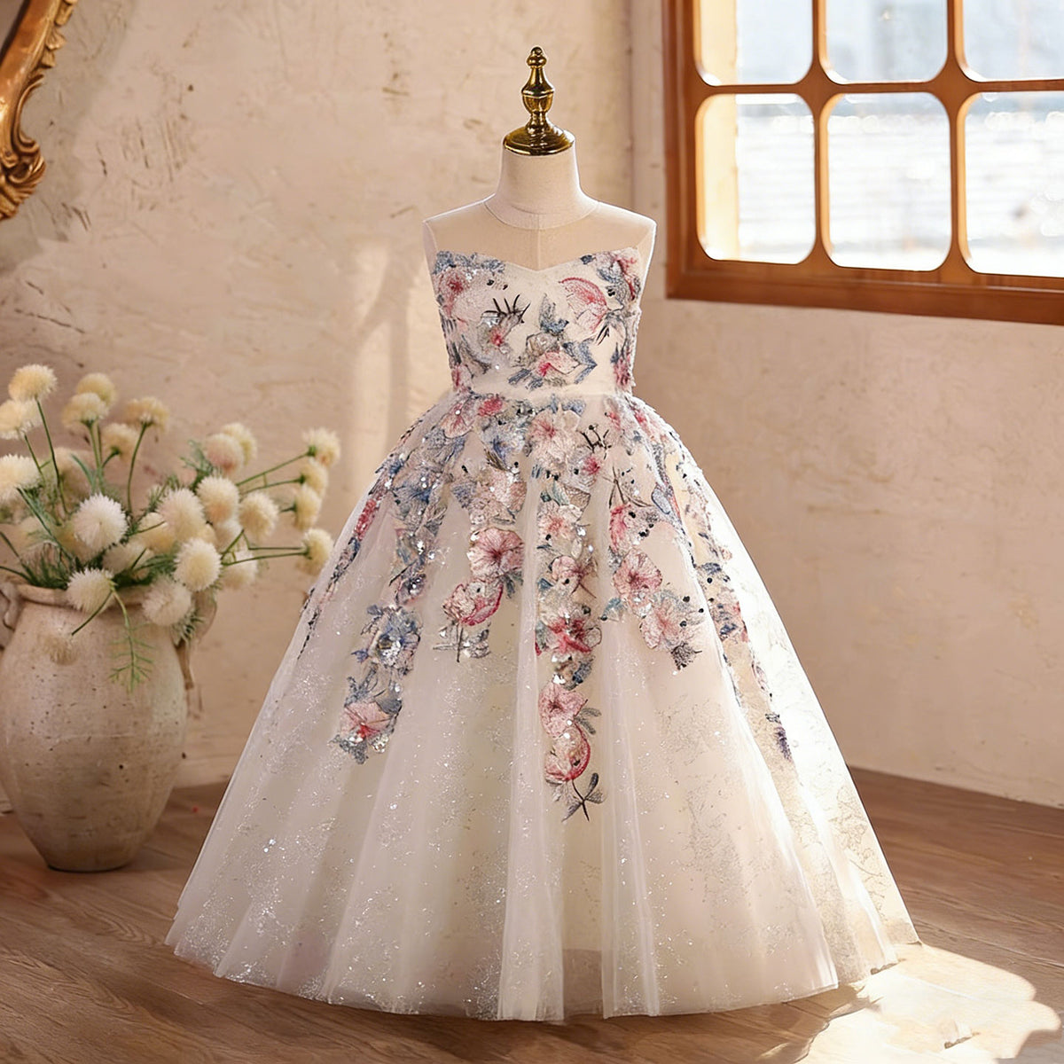 Ethereal Off-White Sequin Ball Gown Luxury 3D Floral Embroidery Princess Dress D330