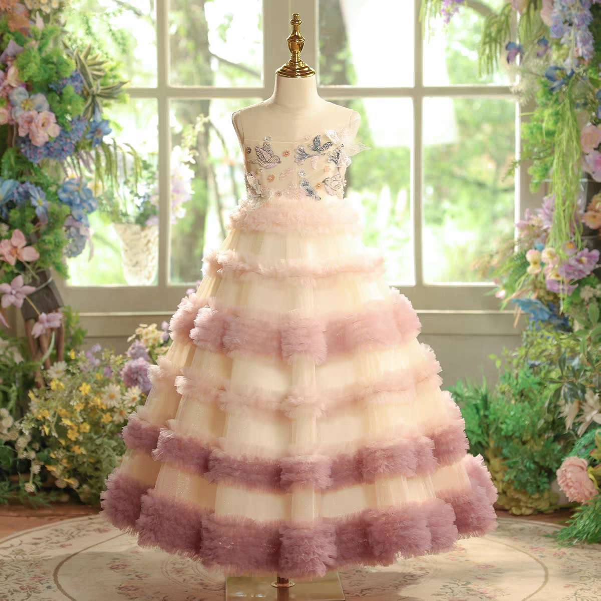 Luxury Flower Girl Dress Tiered Princess Kids Birthday Pageant Gown J602