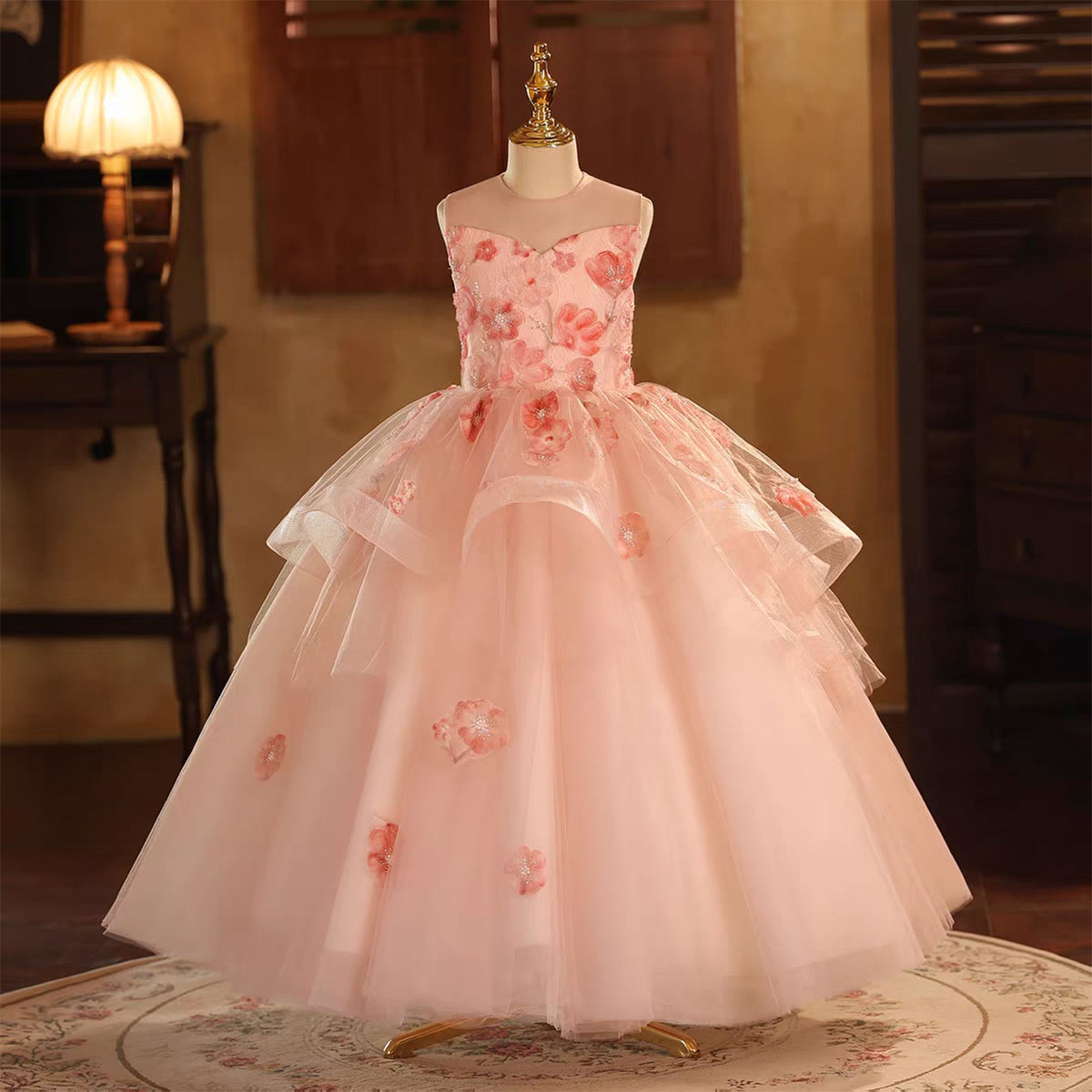 Pink Flower Girl Dress Pearls for Princess Birthday Pageant D189