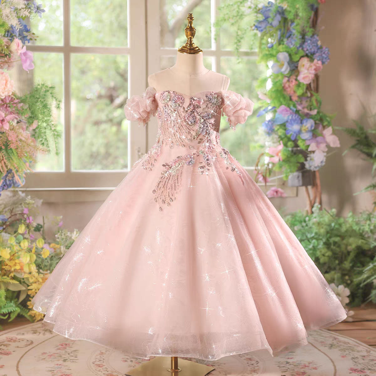 Elegant Blush Pink Flower Girl Dress with Glittery Skirt & Puff Sleeves J608