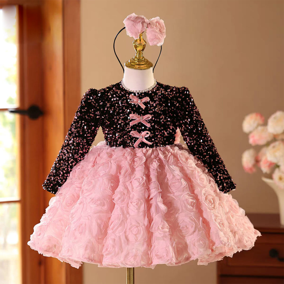 Long Sleeve Flower Girl Dress Kids Princess Birthday Gown In Pink J831
