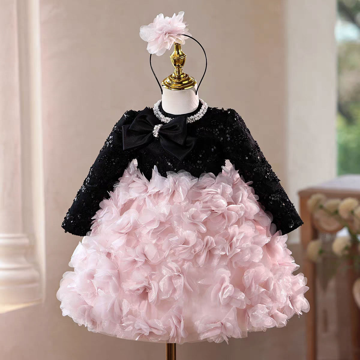 Pink Girl Dress Long Sleeve Kids Princess Birthday Party Gown J599