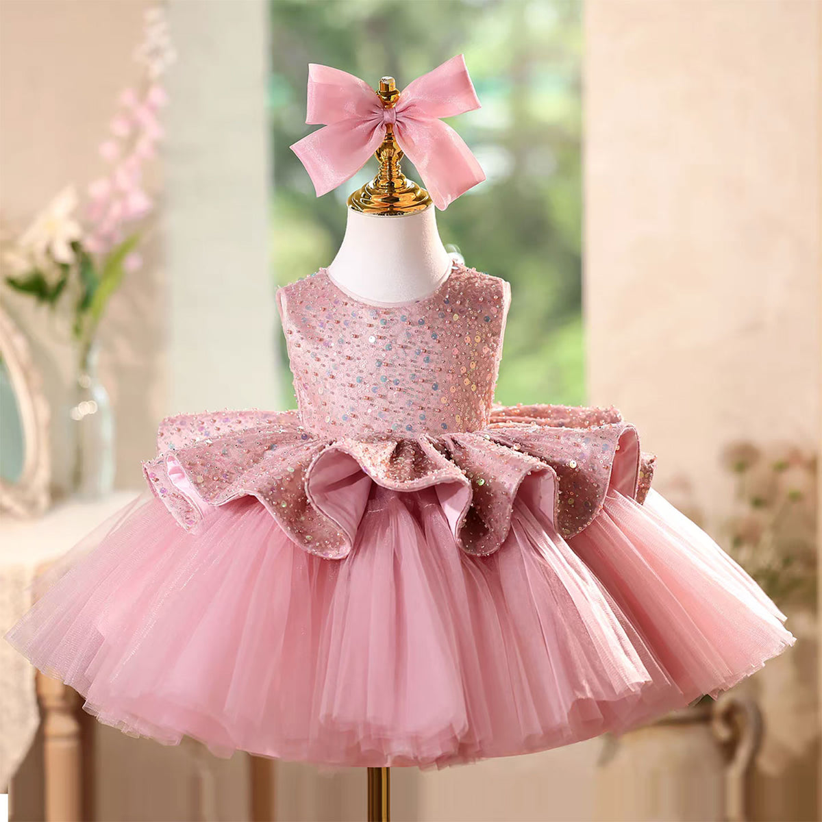 Pink Birthday Flower Girl Dress with Sequins Knee Length J577