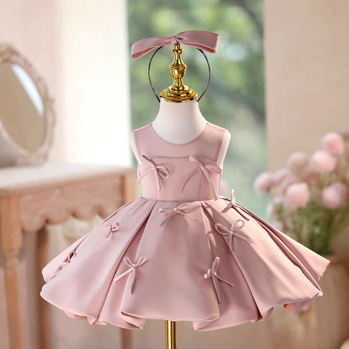 Jill Elegant Pink Bow Sleeveless Knee-Length Flower Girl Dress D097