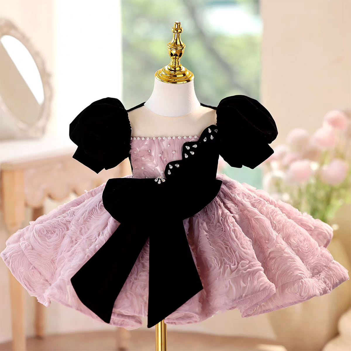 Jill O-Neck Pearl Embellished Pink Knee-Length Flower Girl Dress D098