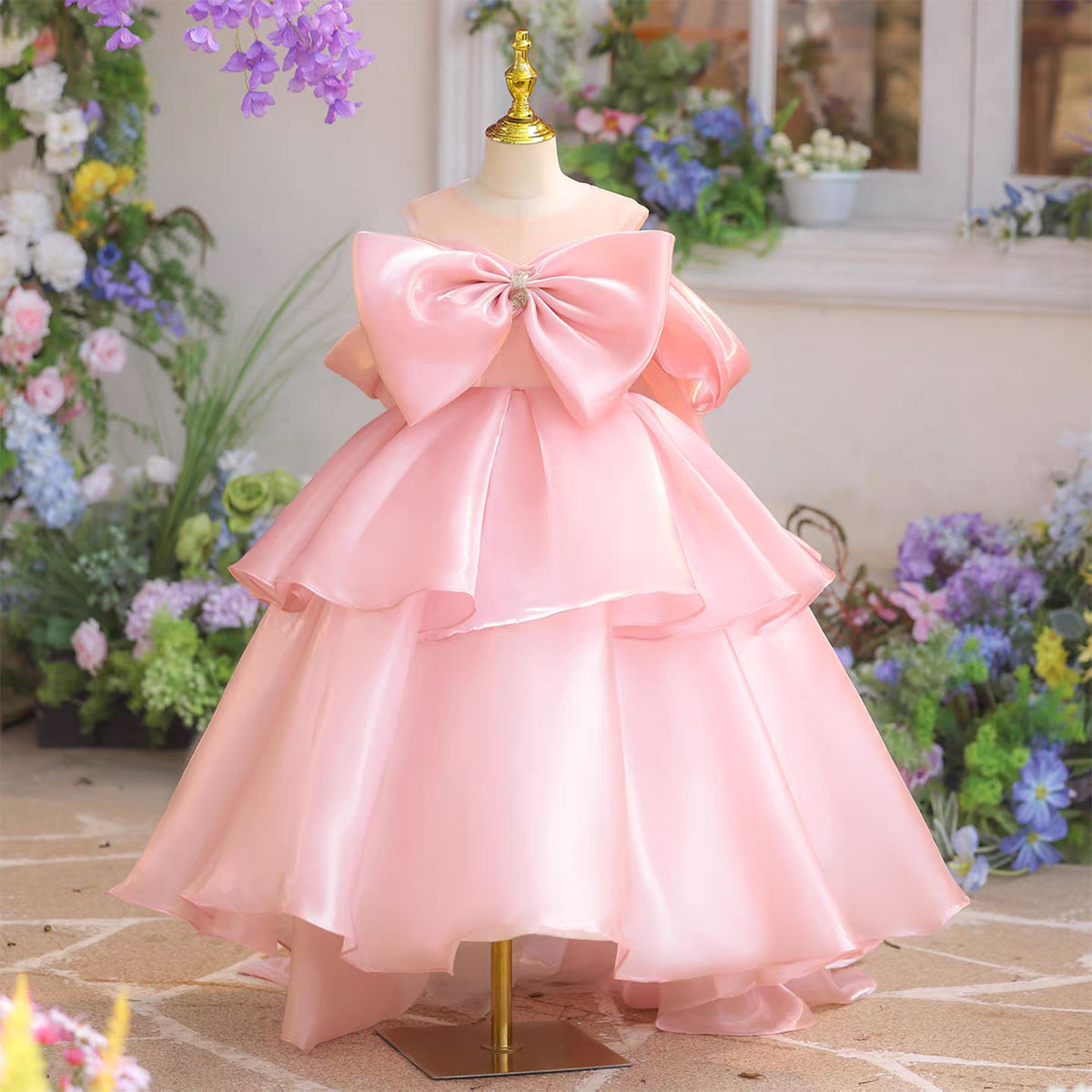 Pink Flower Girl Dress for Girls Big Bow Satin Party Dress for Birthday D337