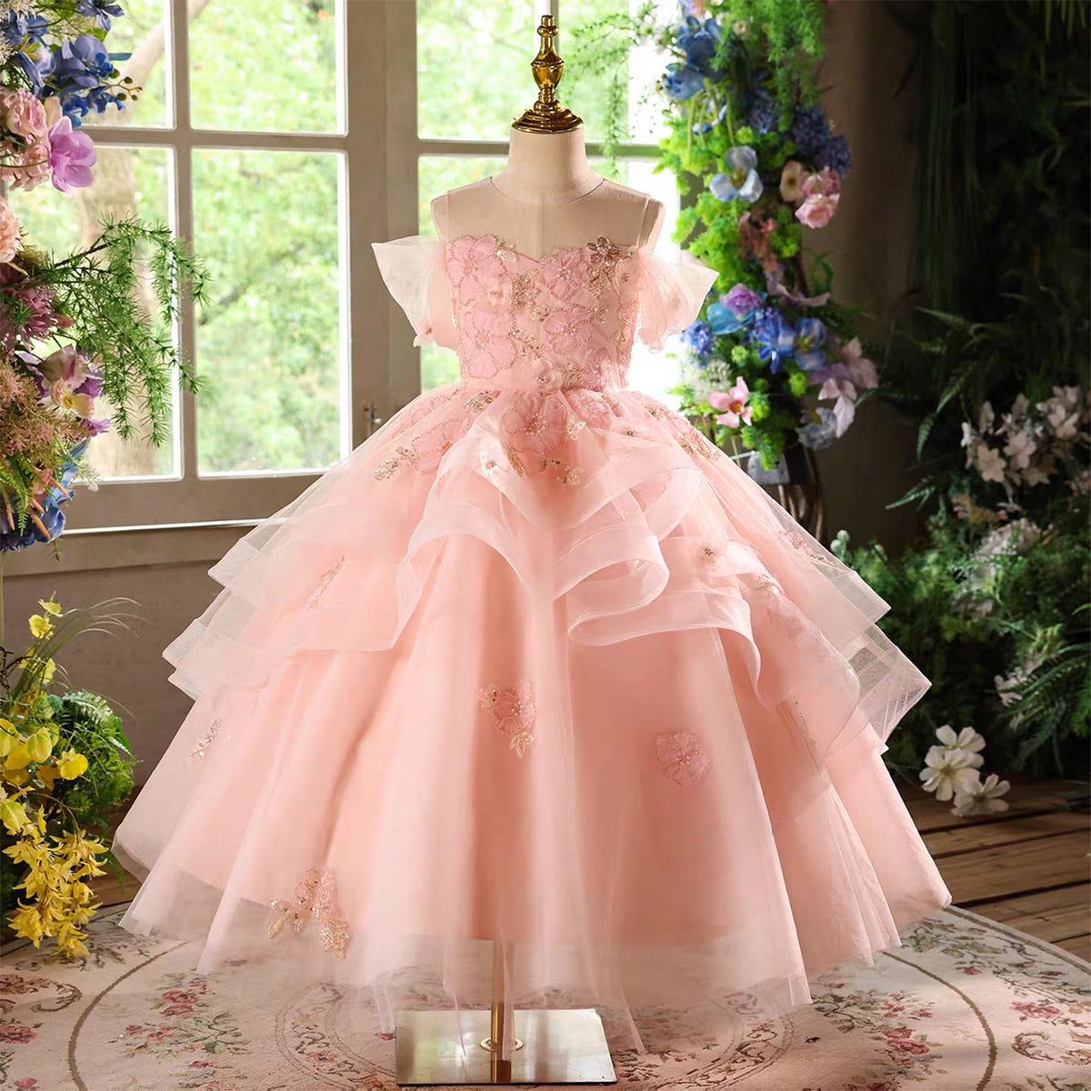 Pink Princess Girl Dress Flowers Birthday Pageant Party Gown D225