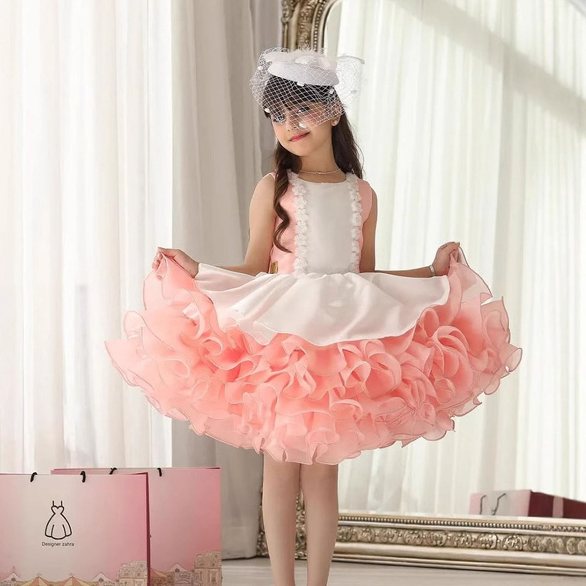 Girls Pink Blue Ruffle Dress – Luxury Princess Birthday & Party Dress J887