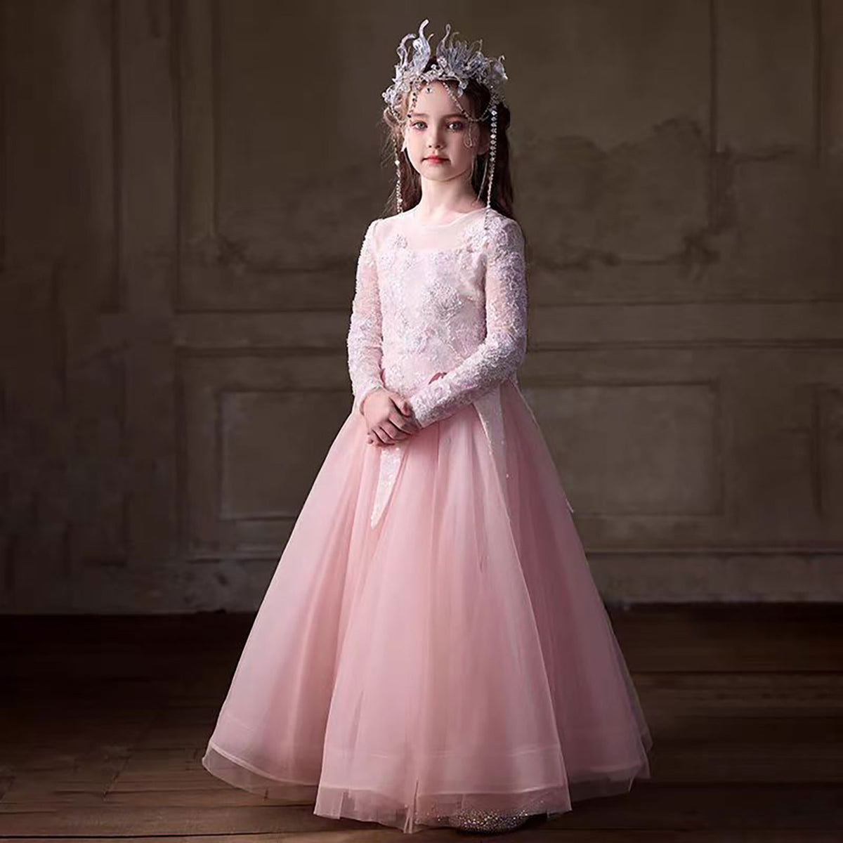 Jill O-Neck Long Sleeve Tulle Beaded Flower Girl Dress J263