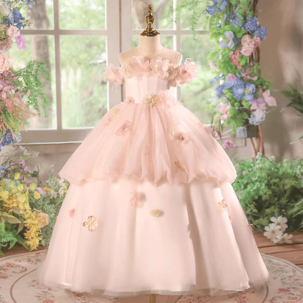Girls' Off-Shoulder Pink Ball Gown 3D Floral Appliqué Tulle Dress for Flower Girls Pageants J614