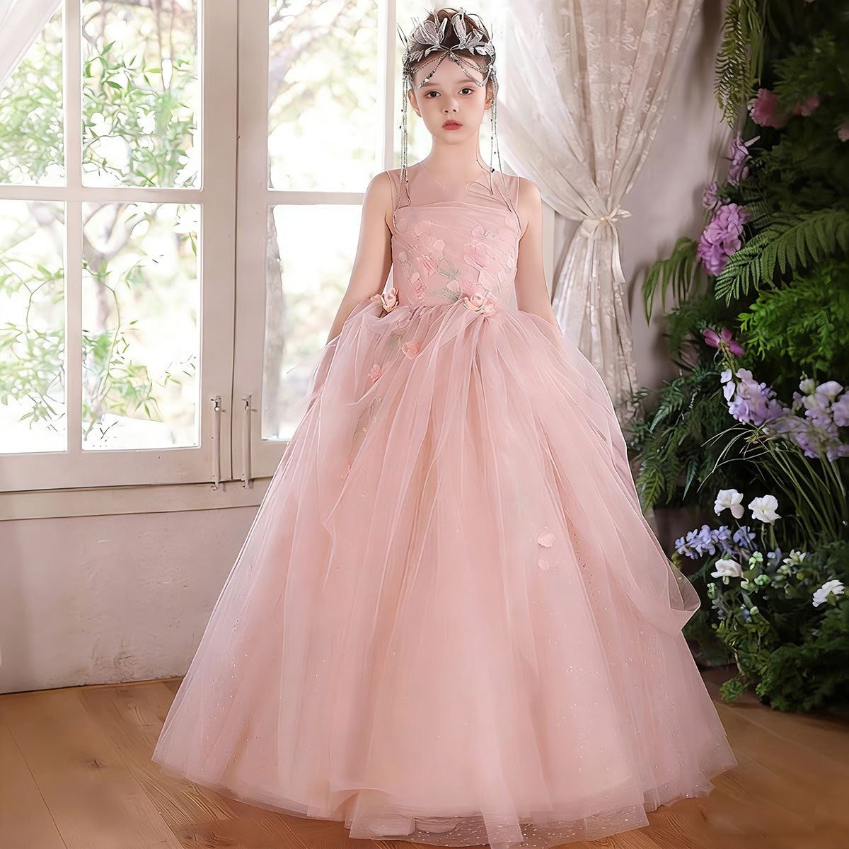 Fairy Tale Flower Embellished Tulle Dress with Lace-up Back Perfect for Special Occasions J009