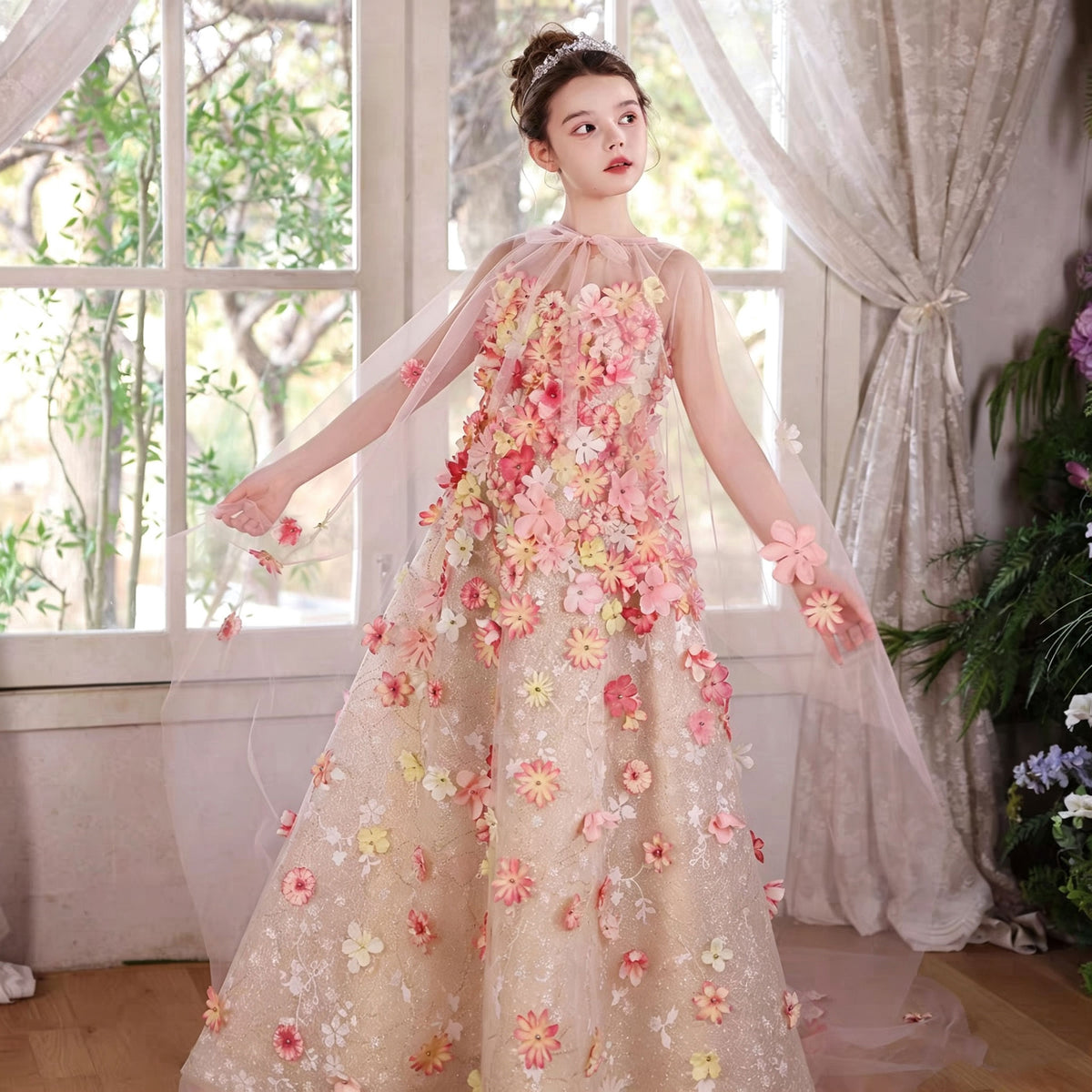 Floral Embroidered Tulle Dress with Cascading Flowers Perfect for Dreamy Occasions J053