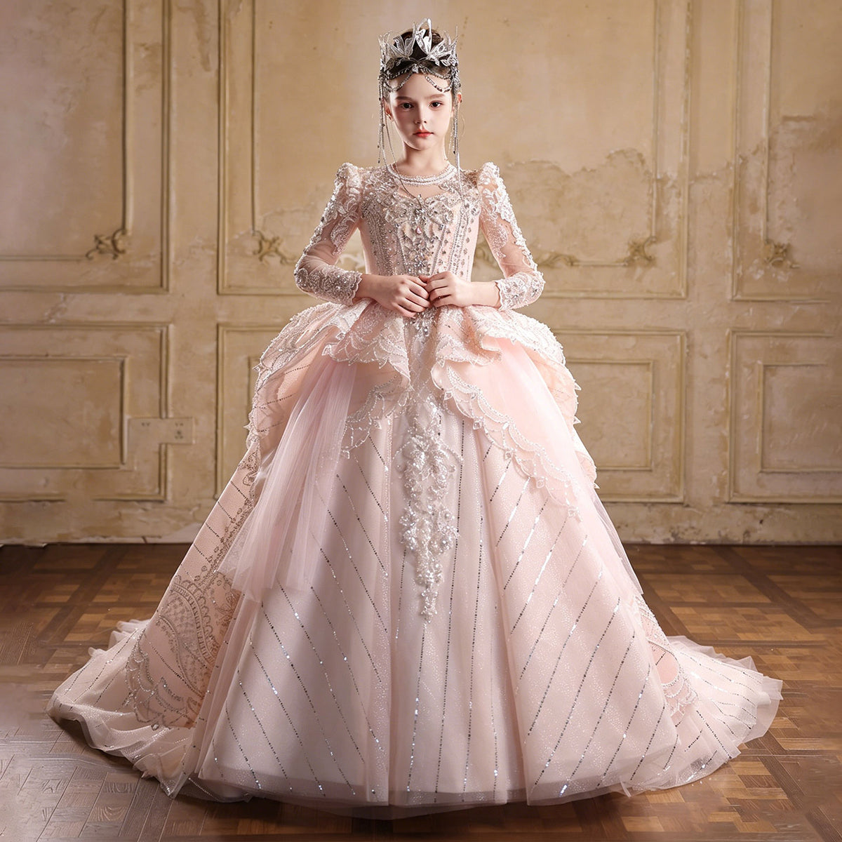 Regal Princess Gown with Intricate Beading Lace and Sparkling Tulle Perfect for Special Occasions J016