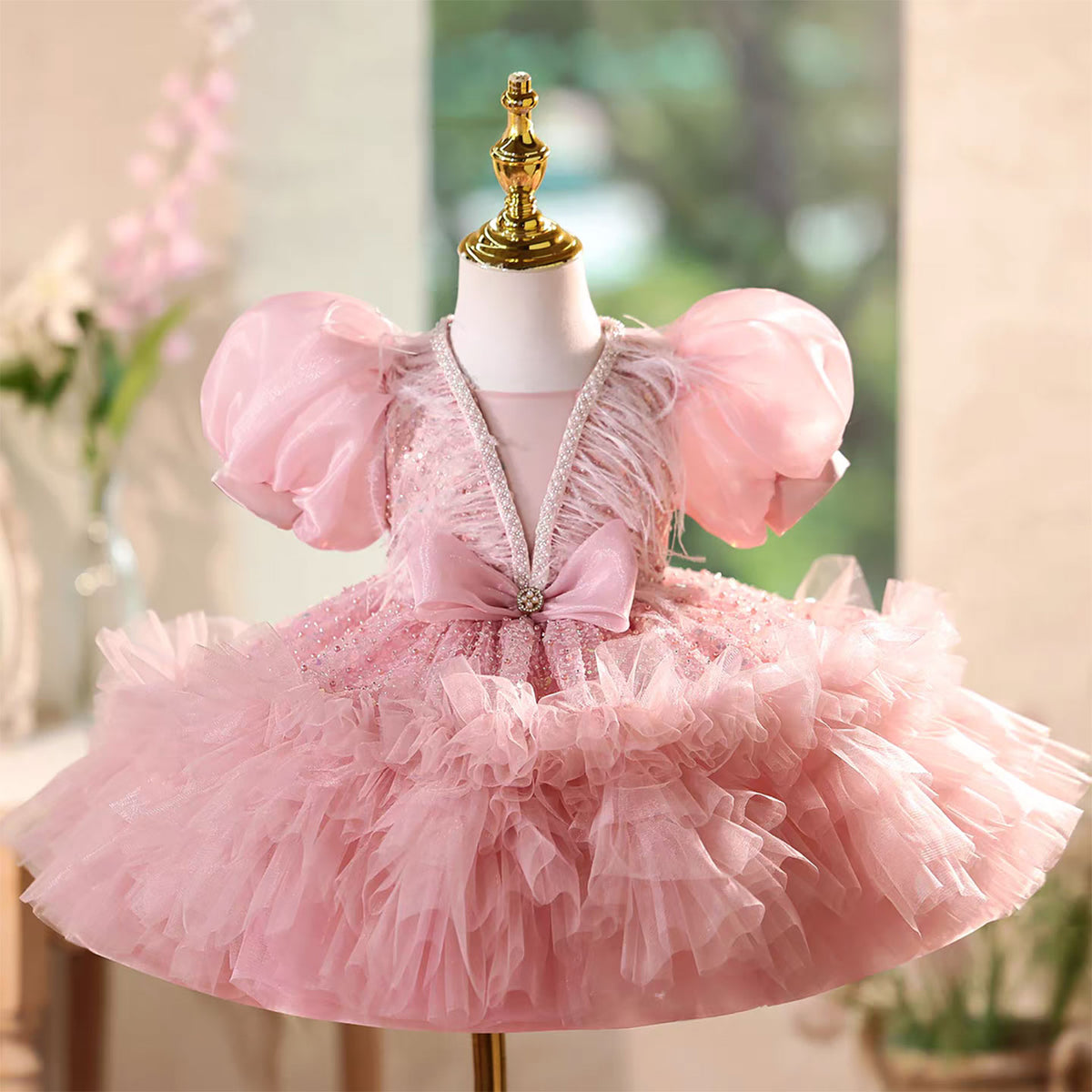 Elegant Pink Feathers Flower Girl Dress Knee Length Lace J576