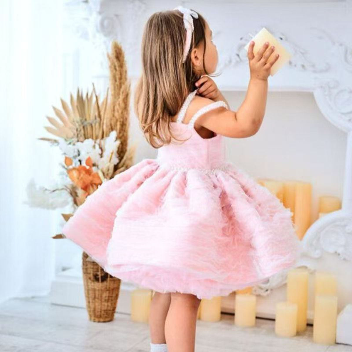 Pink Pearl Strap Girls Dress – Puffy Princess Dress for Birthday Party & Wedding M037