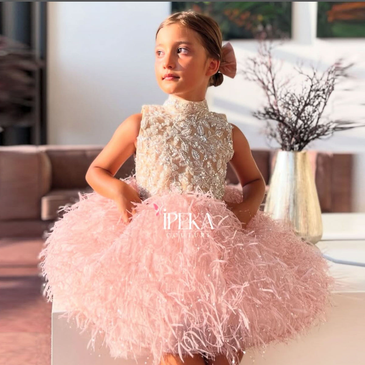 Fluffy Pink Feather Dress for Girls Luxury Princess Party & Birthday Gown M005