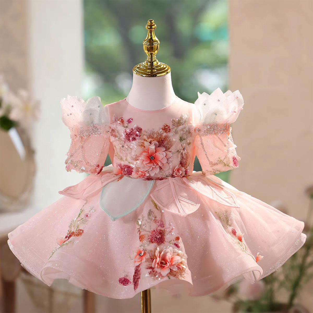 Jill Pink Beaded Sequin Applique Tulle Flower Girl Dress Pink J566