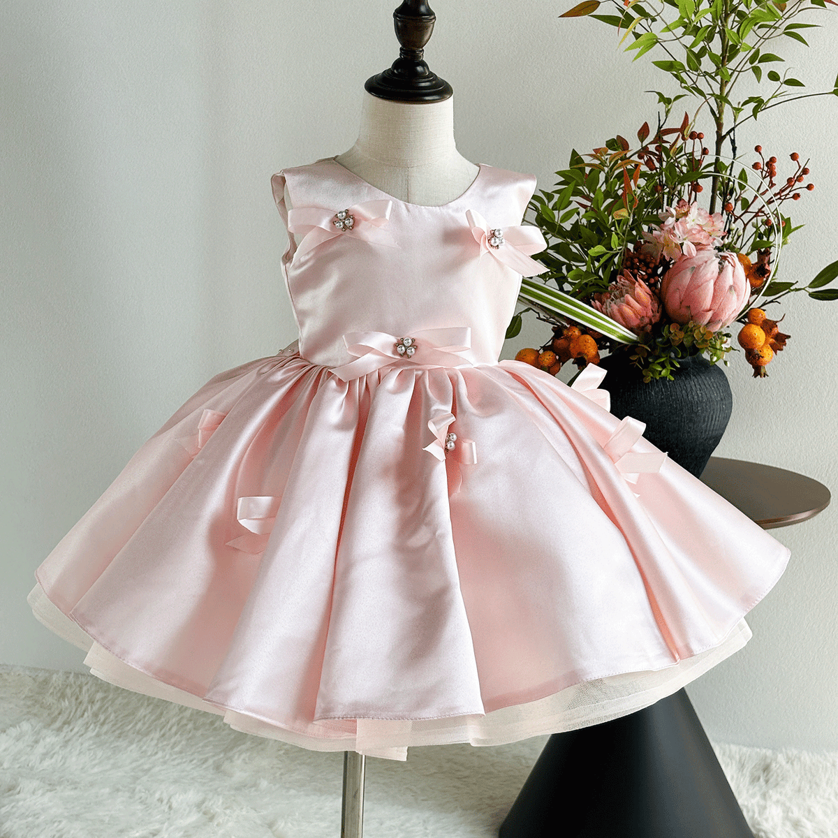 Elegant Pink Apricot Satin Dress - Baby Birthday Photo Gown D255