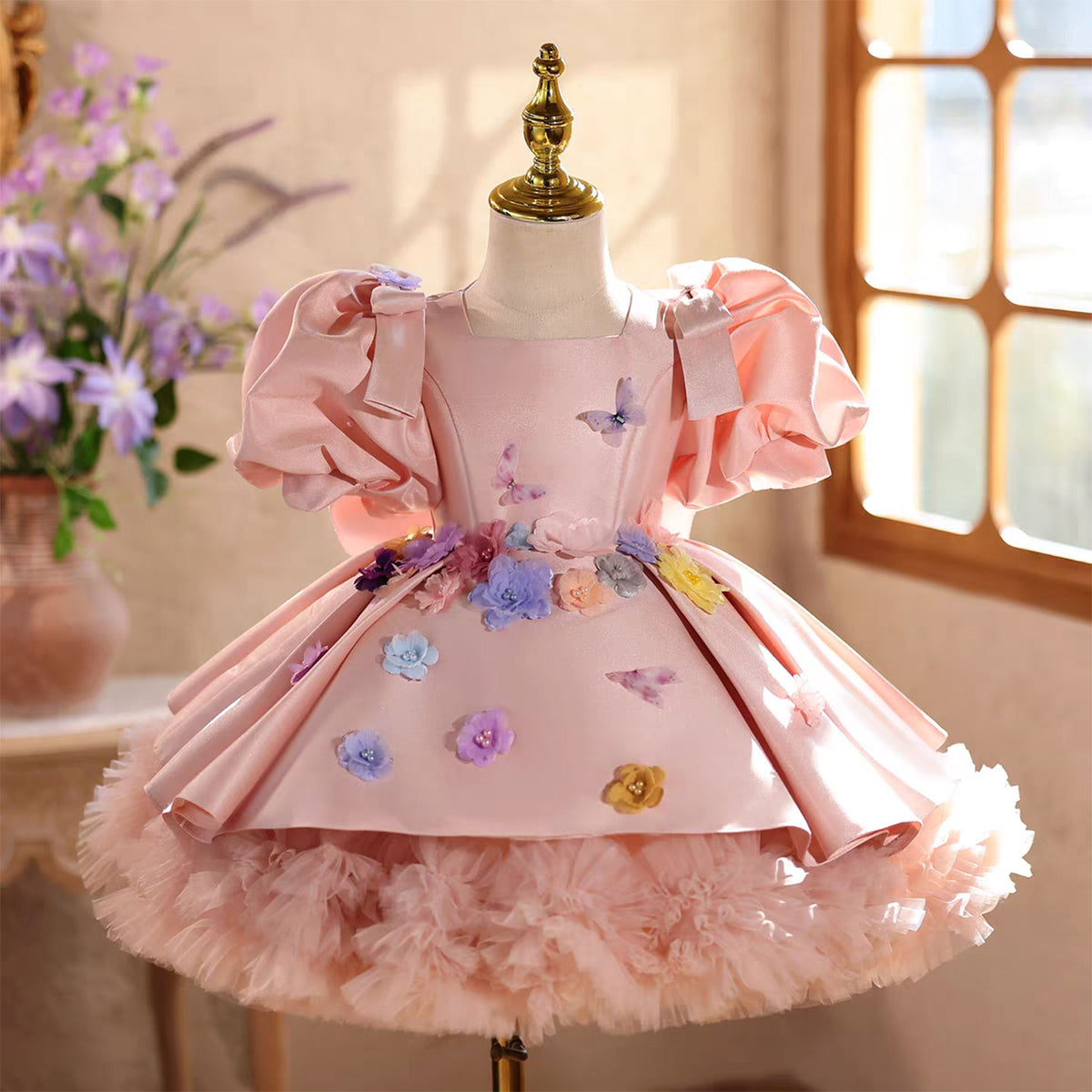 Pink Satin Puff Sleeve Dress with 3D Flowers & Butterflies - Girls' Ruffled Party Gown J876