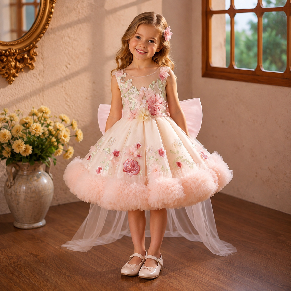 Pink Flower Girl Dress for Girls Floral Embroidered Tulle Party Dress with Big Bow J854
