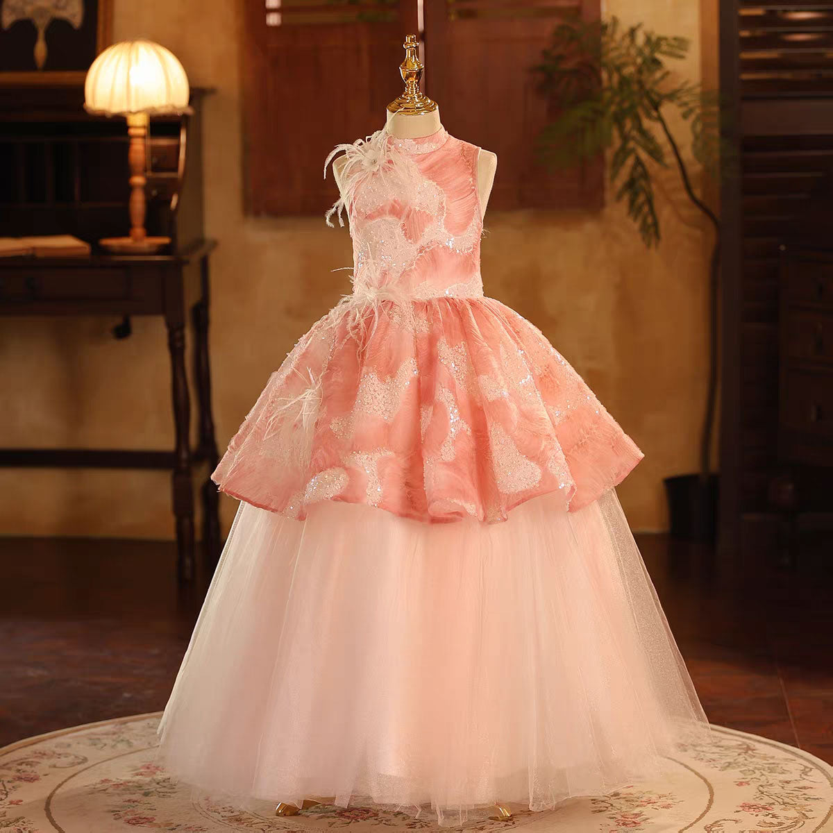 Luxury Girl Dress Feathers Princess Kids Birthday Pageant Gown D191