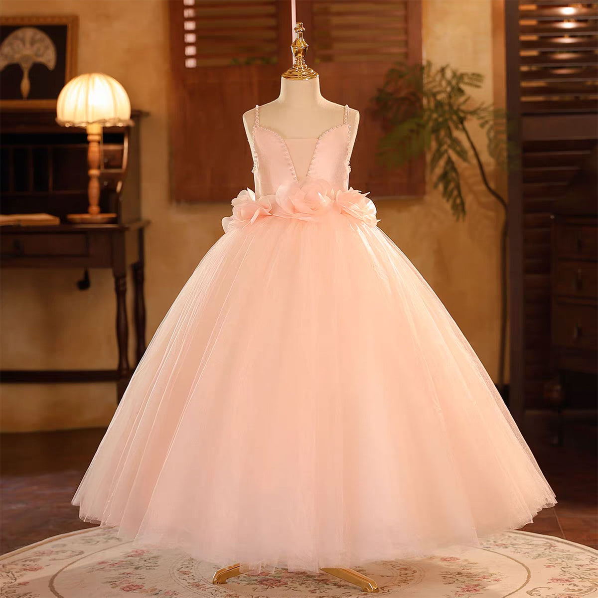 Pink Flower Girl Dress Square Collar Princess Birthday Pageant Gown D190