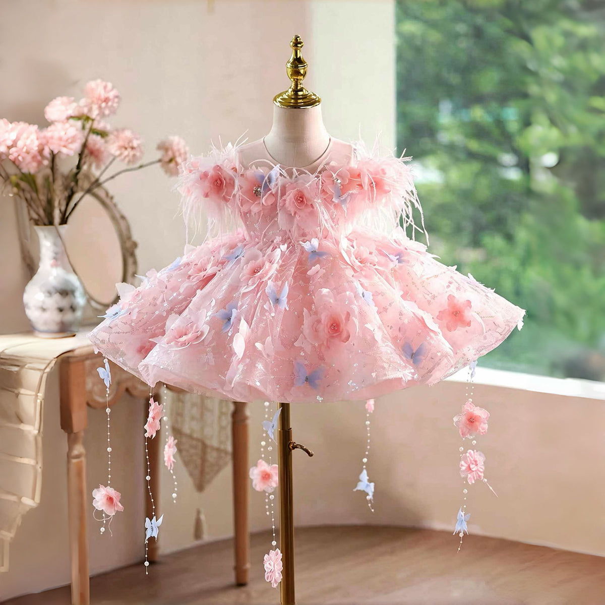 Pink Flower Girl Dress for Girls 3D Floral Butterfly Tulle Party Dress for Birthday J914