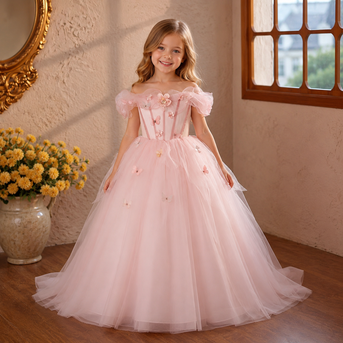 Pink Flower Girl Dress Butterfly Embellished Tulle Princess Gown for Special Occasions D366