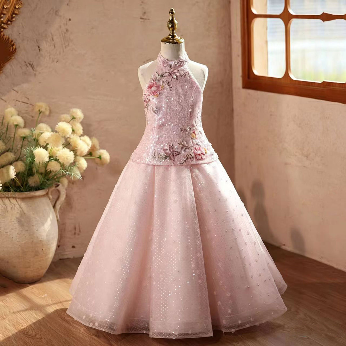 Pink Flower Girl Dress for Girls Floral Embroidery Party Dress for Birthday D338